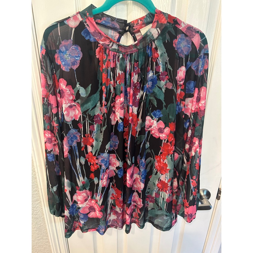 Cupio Blush Blouse Black Floral Mesh Mock Neck Keyhole Back Long Sleeve Top 2X